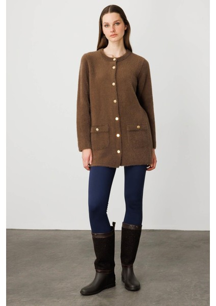 Kadın Sıfır Yaka Metal Düğmeli Araboy Afrodit Triko Ceket Kahve modelleri