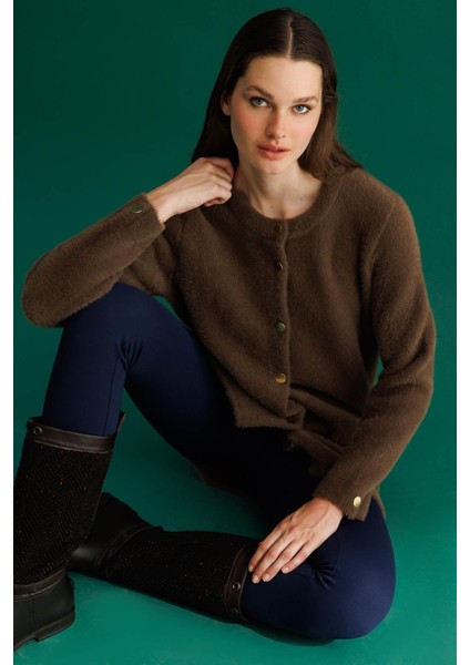 Kadın Sıfır Yaka Metal Düğmeli Araboy Afrodit Triko Ceket Kahve fırsatları