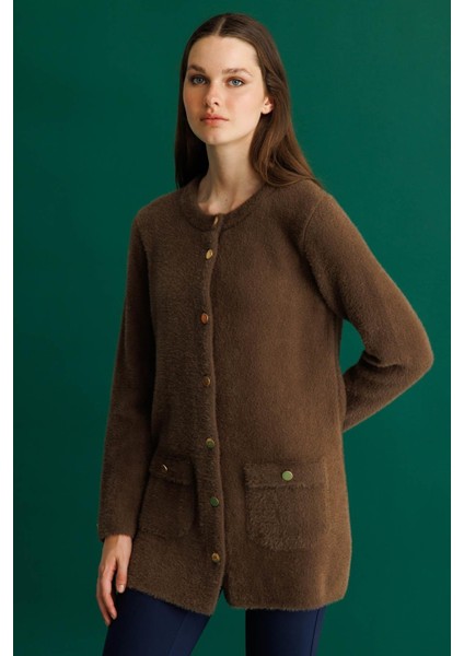 Kadın Sıfır Yaka Metal Düğmeli Araboy Afrodit Triko Ceket Kahve indirimleri