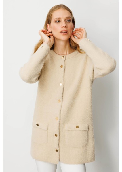 Kadın Sıfır Yaka Metal Düğmeli Araboy Afrodit Triko Ceket Bej