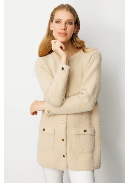 Kadın Sıfır Yaka Metal Düğmeli Araboy Afrodit Triko Ceket Bej fiyatları