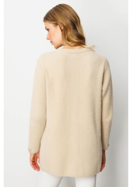 Kadın Sıfır Yaka Metal Düğmeli Araboy Afrodit Triko Ceket Bej modelleri