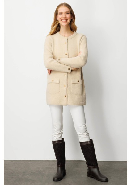 Kadın Sıfır Yaka Metal Düğmeli Araboy Afrodit Triko Ceket Bej indirimleri