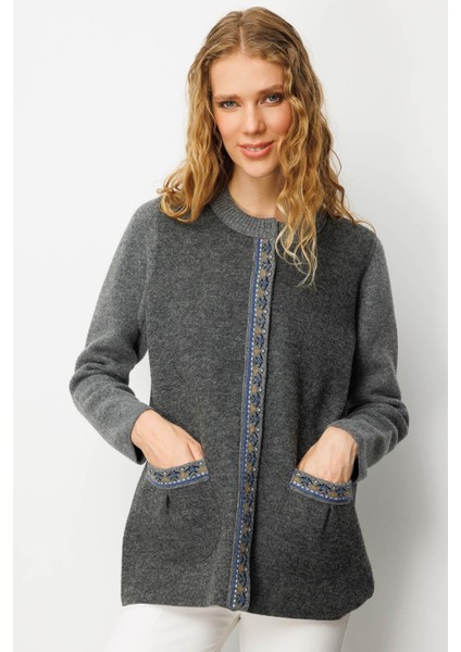 Kadın Sıfır Yaka Önü Keçe Kısa Yün Ceket Füme