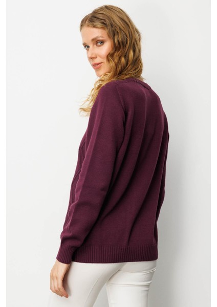 Kadın V Yaka Önü Baklavalı Nakış Işlemeli Hırka Mürdüm modelleri