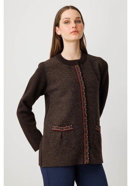 Kadın Sıfır Yaka Önü Keçe Kısa Yün Ceket K.kahve