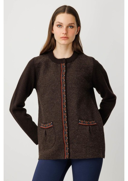 Kadın Sıfır Yaka Önü Keçe Kısa Yün Ceket K.kahve indirimleri
