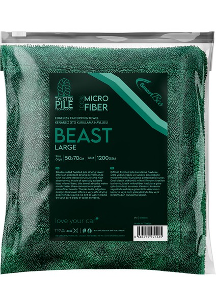 Beast Çift Kat Twisted Pile Mikrofiber Oto Kurulama Havlusu 50×70CM 1200GSM – Koyu Yeşil