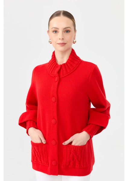 Kadın Dik Yaka Truvakar Kol Kısa Yün Ceket Mercan