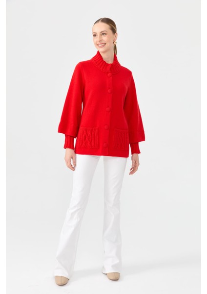 Kadın Dik Yaka Truvakar Kol Kısa Yün Ceket Mercan fiyatları