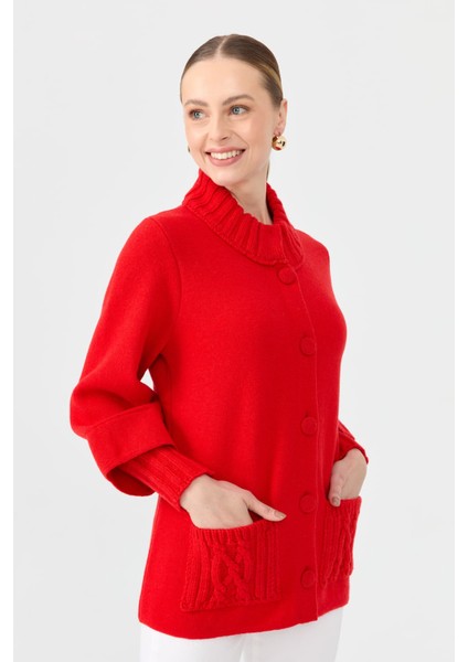 Kadın Dik Yaka Truvakar Kol Kısa Yün Ceket Mercan modelleri