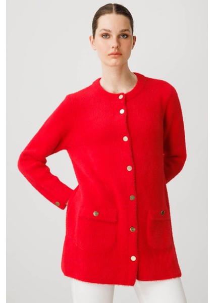 Kadın Sıfır Yaka Metal Düğmeli Araboy Afrodit Triko Ceket Y.kırmızı