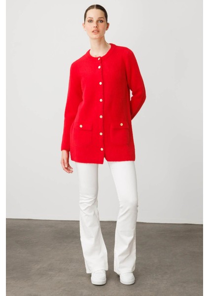 Kadın Sıfır Yaka Metal Düğmeli Araboy Afrodit Triko Ceket Y.kırmızı fiyatları
