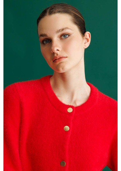 Kadın Sıfır Yaka Metal Düğmeli Araboy Afrodit Triko Ceket Y.kırmızı modelleri