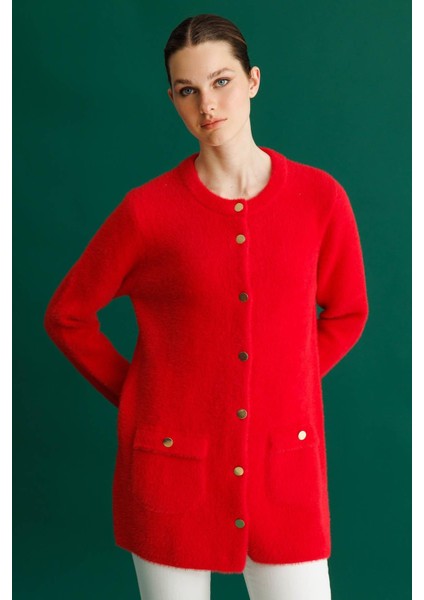 Kadın Sıfır Yaka Metal Düğmeli Araboy Afrodit Triko Ceket Y.kırmızı fırsatları