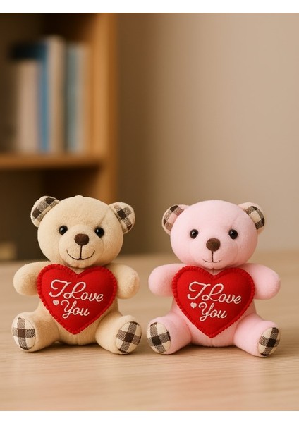2 Adet Sevimli Mini Peluş Ayıcık - Kalpli 'ı Love You' Mesajlı 11X9 cm