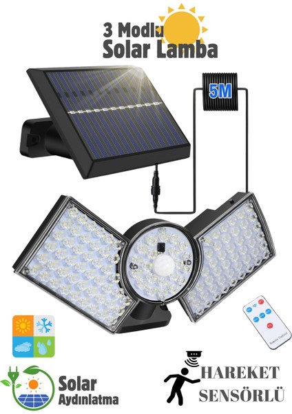 112 LED Güneş Enerjili Kumandalı 3 Çalışma Modlu Çift Başlıklı Bahçe,garaj,teras Sokak Lambası