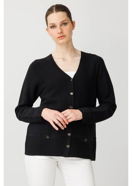 Kadın V Yaka Sahte Cepli Düğmeli Hırka Siyah fiyatları