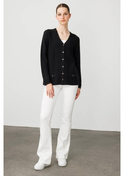 Kadın V Yaka Sahte Cepli Düğmeli Hırka Siyah indirimleri