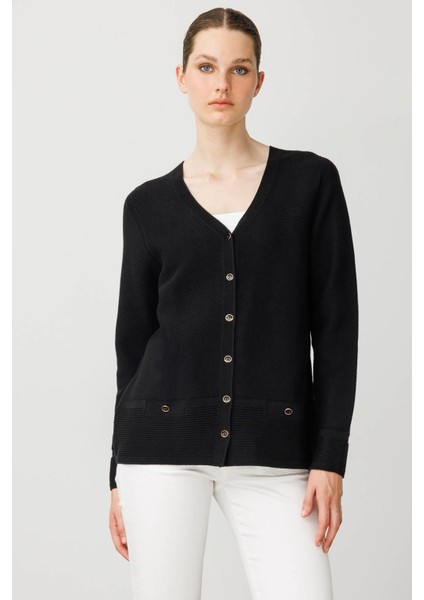 Kadın V Yaka Sahte Cepli Düğmeli Hırka Siyah fırsatları