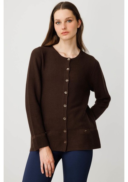 Kadın Sıfır Yaka Sahte Cepli Düğmeli Hırka Kahve