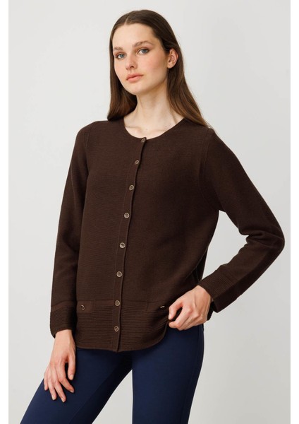 Kadın Sıfır Yaka Sahte Cepli Düğmeli Hırka Kahve fırsatları