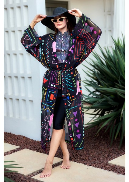 Remsa Tesettür Mayo Üzerine Tek Kaftan Kimono Pareo SIYAH01 RP025 Canan