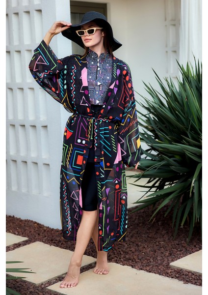 Remsa Tesettür Mayo Üzerine Tek Kaftan Kimono Pareo SIYAH01 RP025 Canan modelleri