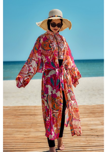 Remsa Tesettür Mayo Üzerine Tek Kaftan Kimono Pareo Oranj RP034 Festival