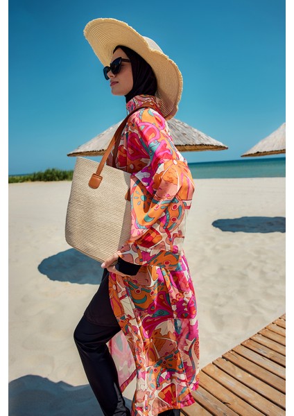 Remsa Tesettür Mayo Üzerine Tek Kaftan Kimono Pareo Oranj RP034 Festival modelleri