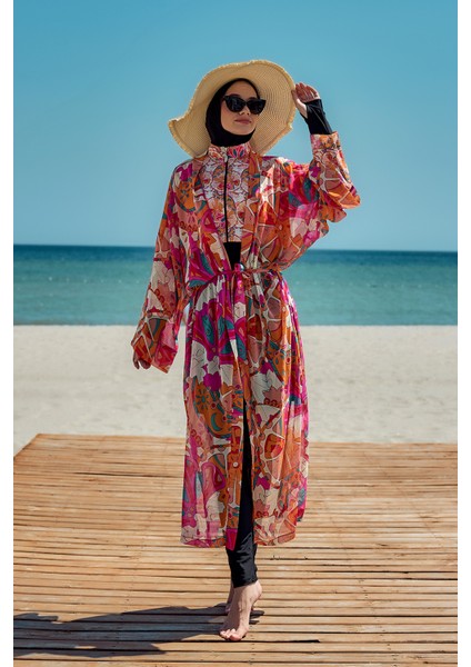 Remsa Tesettür Mayo Üzerine Tek Kaftan Kimono Pareo Oranj RP034 Festival indirimleri