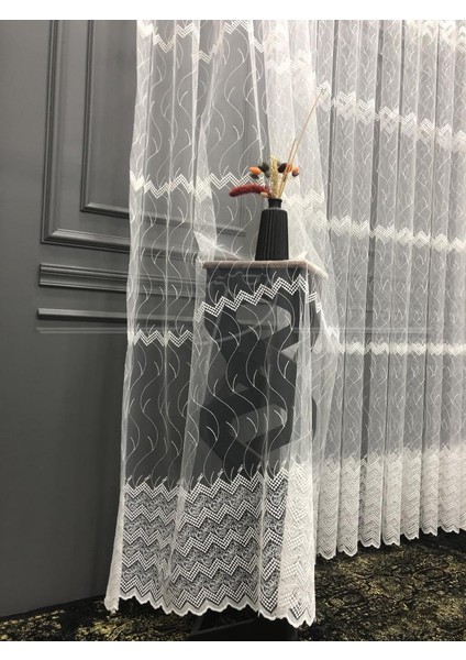 Tül Perde Sedef Sim Brode İşlemeli Tül Etek Zigzag Desen