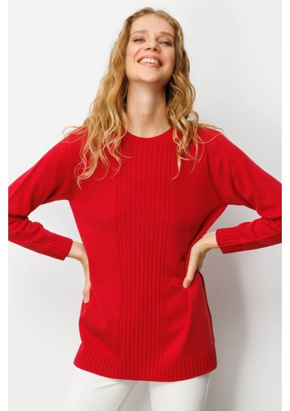 Kadın Sıfır Yaka Önü Çizgili Örgü Kazak K.kırmızı