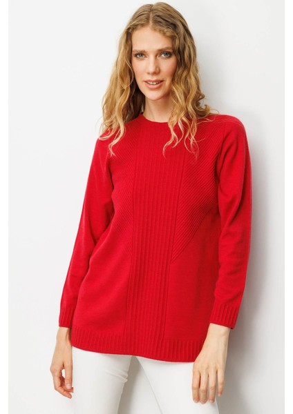 Kadın Sıfır Yaka Önü Çizgili Örgü Kazak K.kırmızı fiyatları