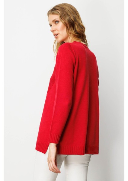 Kadın Sıfır Yaka Önü Çizgili Örgü Kazak K.kırmızı modelleri