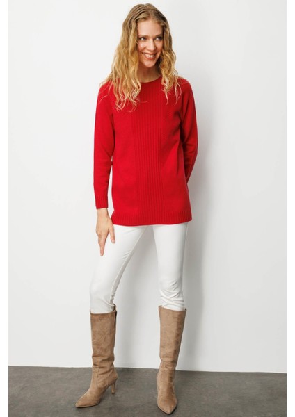 Kadın Sıfır Yaka Önü Çizgili Örgü Kazak K.kırmızı fırsatları