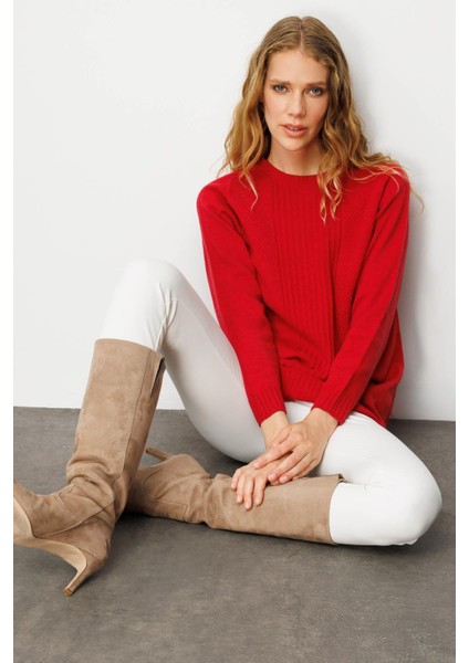 Kadın Sıfır Yaka Önü Çizgili Örgü Kazak K.kırmızı indirimleri
