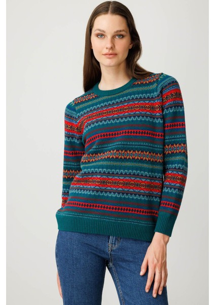 Kadın Sıfır Yaka Komple Jakarlı Yün Kazak K.ö.başı