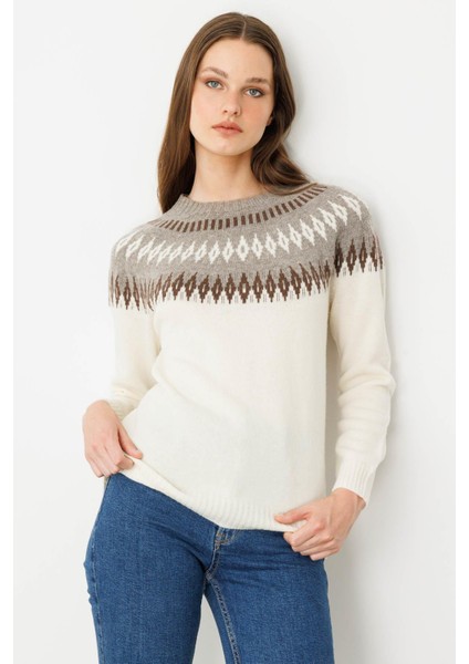 Kadın Sıfır Yaka Robası Baklavalı Yün Kazak Kemik