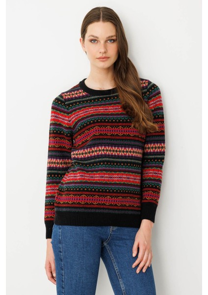 Kadın Sıfır Yaka Komple Jakarlı Yün Kazak Siyah modelleri