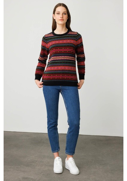 Kadın Sıfır Yaka Komple Jakarlı Yün Kazak Siyah indirimleri