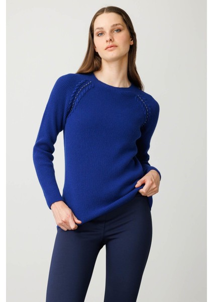 Kadın Sıfır Yaka Boncuklu Yün Kazak K.s.mavi