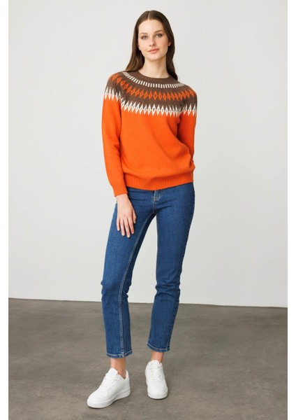 Kadın Sıfır Yaka Robası Baklavalı Yün Kazak Portakal fırsatları