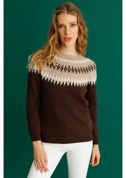 Kadın Sıfır Yaka Robası Baklavalı Yün Kazak M.kahve fiyatları