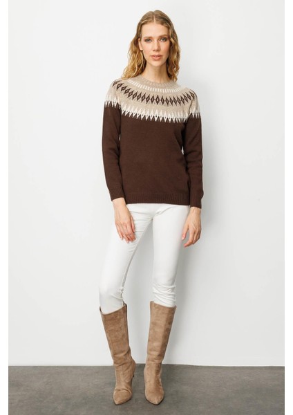 Kadın Sıfır Yaka Robası Baklavalı Yün Kazak M.kahve indirimleri