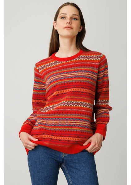 Kadın Sıfır Yaka Komple Jakarlı Yün Kazak Mercan