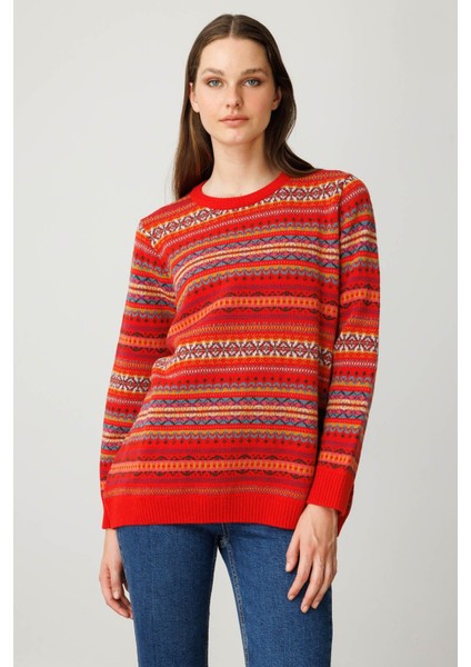 Kadın Sıfır Yaka Komple Jakarlı Yün Kazak Mercan fiyatları