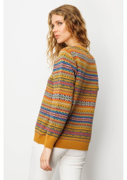 Kadın Sıfır Yaka Komple Jakarlı Yün Kazak Hardal fiyatları