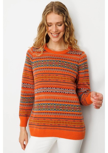 Kadın Sıfır Yaka Komple Jakarlı Yün Kazak Portakal