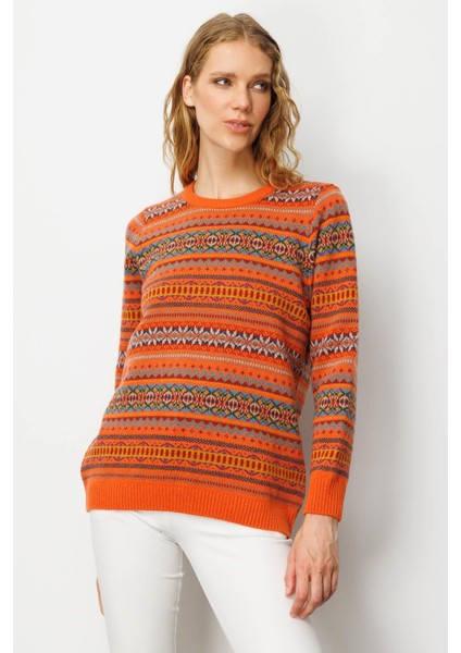 Kadın Sıfır Yaka Komple Jakarlı Yün Kazak Portakal fiyatları